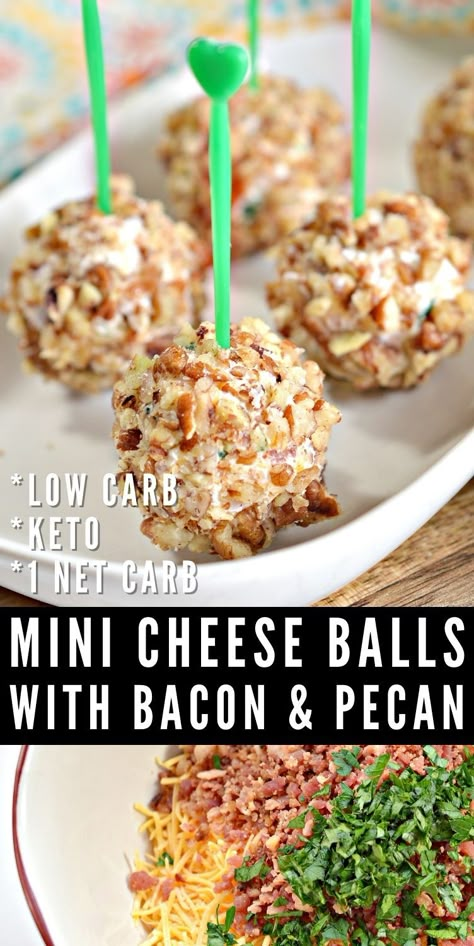 Mini Cheese Balls With Bacon & Pecan - These mini keto cheese balls make an easy no bake snack or appetizer! Perfect football party food too! #minicheeseballs #lowcarbappetizers #pecan #partyfood #cheese #healthsynacks #food #recipes Superbowl Party Food Ideas Keto, Keto Football Party Food Appetizers, Keto Finger Food Desserts, Football Food Keto, Keto Appetizer Recipes Easy Finger Foods, Keto Low Carb Appetizers, Keto Party Snacks Appetizers, Keto Finger Foods Parties, Keto Christmas Appetizers Finger Foods