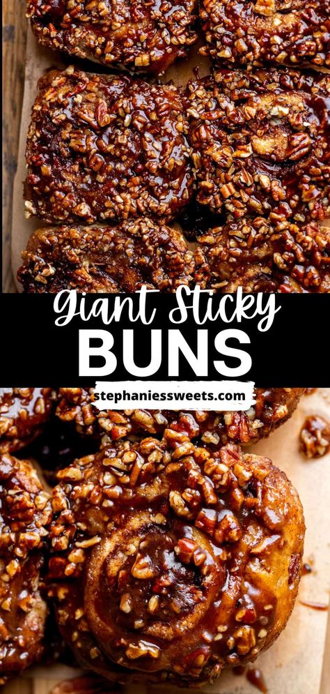 These are giant sticky buns. They make 6 giant cinnamon rolls topped with a maple pecan sticky topping. These are classic sticky buns made extra large so you can enjoy that soft center! Maple Pecan Sticky Buns, Sticky Pecan Cinnamon Rolls, Homemade Pecan Rolls, Maple Pecan Cinnamon Rolls, Pecan Cinnamon Rolls Recipe Sticky Buns, Pecan Rolls Recipe Sticky Buns, Cinnamon Rolls Ideas, Savory Buns, Sticky Cinnamon Buns