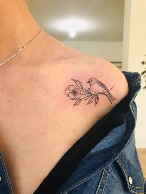 Coller Bone Bird Tattoo, Moon Flower Bird Tattoo, Cardinal Tattoo Flowers, Small Cardinal Tattoo With Flowers, Cardinal Tattoo Linework, Bird On Flower Tattoo, Cute Robin Tattoo, Cardinal On Flower Tattoo, Dainty Robin Tattoo