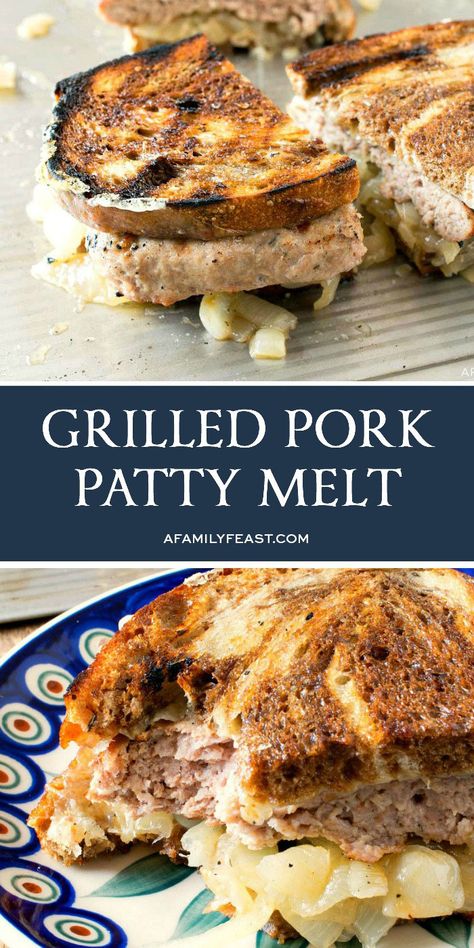 Grilled Pork Patty Melt - A Family Feast® Grilled Pork Sandwich Recipes, Ground Pork Grill Recipes, Ground Pork Patty Recipes, Pork Patties Recipes Dinners, Pork Patty Recipes, Pattymelt Recipes, Pork Patties Recipes, Ground Pork Patties, Pork Burgers Recipes