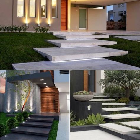 Ivory 25┆ Henley ▲ Reserve on Instagram: “Concrete floating steps.♡♡♡” Floating Entrance Steps, Floating Concrete Stairs, Yard Stairs, Floating Steps, Front Door Landscaping, Step Ideas, Front Door Steps, Landscape Steps, Modern Front Yard