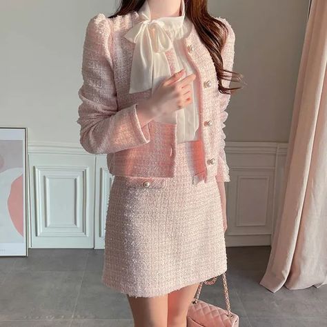 MyFiona - Tweed Set: Puff-Sleeve Jacket + Miniskirt Pink Tweed Outfit, Tweed Set Outfit, Tweed Jacket Outfit, Tweed Fashion, Tweed Outfit, Tweed Set, Kawaii Fashion Outfits, Tweed Dress, Pink Outfits