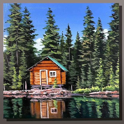 Cabin Lake Landscape Acrylic Painting | Cabin Lake Landscape Acrylic Painting Color used : Titanium white, Black, Primary Blue, Primary Red, Cadmium Yellow Medium, Deep Green #art #artist... | By El Drawing Arts | Facebook Cabin By The Lake Painting, Cabin Painting Acrylic, Lake House Drawing, Log Cabin Painting, Lake House Painting, Cabin Drawing, Cabin Painting, Cottage Drawing, Alaska Cabin