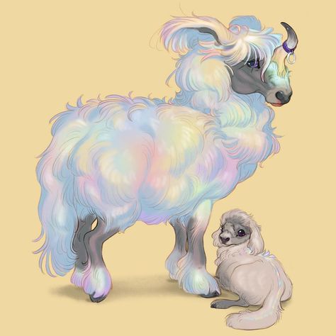 Dina Norlund on Instagram: “The domestic unicorn, bred for it’s iridescent fur 🦄 I didn’t want to draw a horse or any animal that isn’t heavily altered by humans for…” Fantasy Sheep Creature, Mythical Dog Art, Unicorn Creature Design, Magic Dog Fantasy Art, Savage Animals, Magical Unicorn Fantasy Art, Creepy Animals, Creature Drawings, Fantasy Creatures Art