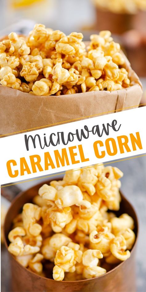 This easy 15 minute recipe for Microwave Caramel Popcorn is a sweet and salty treat perfect for snacking, dessert or gifting during the holidays! #MicrowaveDessert #CaramelCorn #MicrowaveRecipe Corn In Microwave, Microwave Caramel Popcorn, Microwave Caramel Corn, Recipe For Caramel, Microwave Caramels, Popcorn Recipes Easy, Caramel Corn Recipes, Microwave Dessert, Apple Chips Baked