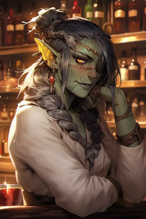 Dnd Bar Maiden, Herbalist Fantasy Art, Orcs Character Design, Npc Ideas Dnd, Fantasy Npc Art, Dnd Half Dragon, Dnd Dragon Art, Half Orc Character Design, Dnd Fighter Female