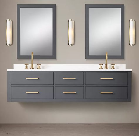 Double Sink Bathroom Ideas, Three Mirrors, Floating Bathroom Vanities, Floating Bathroom Vanity, Subway Tiles, Floating Vanity, Trendy Bathroom, Bathroom Layout, Bathroom Styling