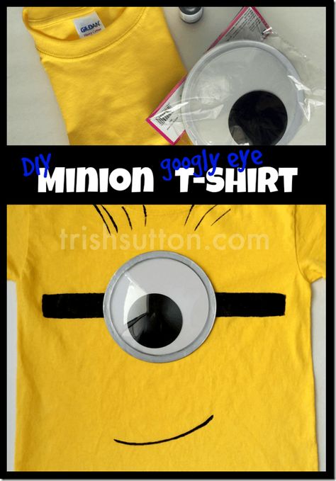 DIY ‘Googly Eye’ Minion T-shirt; Minions are EVERYWHERE. People seem to be crazy about the little creatures. Follow along to create your own DIY ‘Googly Eye’ Minion T-shirt. TrishSutton.com Minion Tshirts, Diy Minion Costume, Disney Cosplay Ideas, Minion Dress, Minion T Shirt, Minion Outfit, Minion Costume, Minion Shirts, Diy Minions