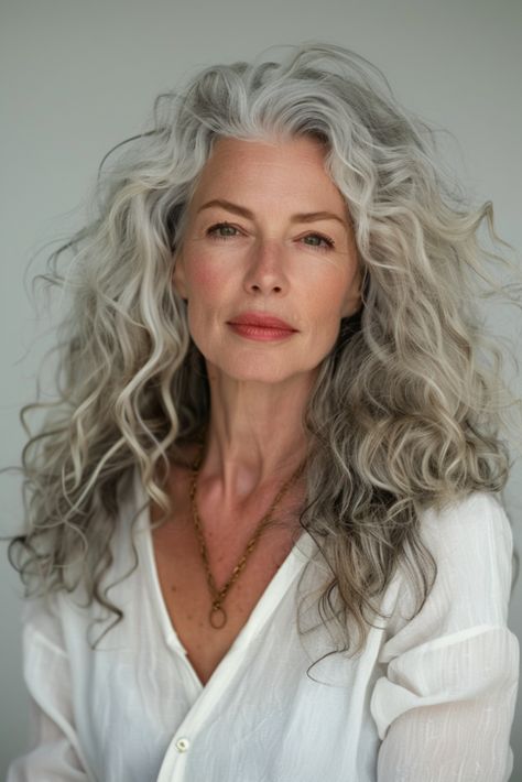 Natural Grey Hair Transition, Dyed White Hair, Curly Haircuts For Women, Curly Gray Hair, Best Long Haircuts, Natural Grey Hair, Romantic Waves, Women Haircuts Long, Grey Hair Over 50