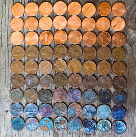 Patina Diy, Penny Backsplash, Penny Tile Floors, Black Stainless Steel Appliances, Penny Floor, Patina Paint, Patina Metal, Penny Tile, Copper Penny