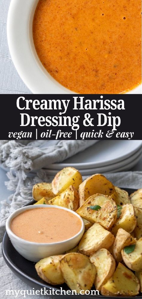 Creamy Harissa Dressing - My Quiet Kitchen Harissa Seasoning, Harissa Dressing, Vegan Salad Dressings, Oil Free Salad Dressing, Vegan Dressings, Oil Free Vegan Recipes, Vegan Salad Dressing, Vegan Dips, Vegan Dressing