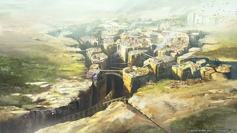 Canyon City Fantasy Town, Stone Pillars, Concept Art World, Landscape Concept, Fantasy City, Fantasy Castle, Van Dijk, Fantasy Setting, Fantasy Places