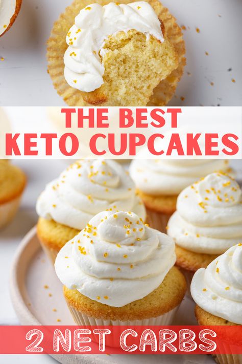 An overhead view of a keto cupcake with a bite out of it. Below is a picture of keto vanilla cupcakes with keto cream cheese frosting on top. Low Carb Cupcakes, Keto Cupcakes, Desayuno Keto, Low Carb Muffins, Thm Desserts, Low Carb Low Sugar, Keto Cake, Keto Brownies, Keto Cheesecake