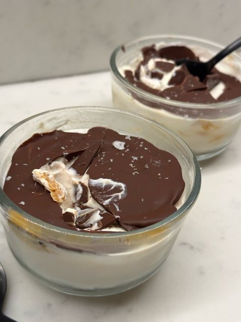 Greek Yogurt + Almond Butter w/ Dark Chocolate Shell - Katie Austin Greek Yogurt Desserts, Greek Yogurt Dessert, Chocolate Greek Yogurt, Clean Treats, Banana Protein Pancakes, Katie Austin, Almond Butter Recipes, Yogurt Dessert, Protein Yogurt