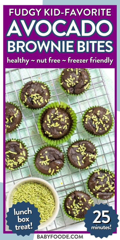 mini brownie bites with green sprinkles on each laying on a cooling rack Snacks For Daycare, Brownie Texture, Allergy Friendly Snacks, Healthy Store Bought Snacks, Store Bought Snacks, Toddler Snack, Avocado Brownies, Healthy Toddler Snacks, Family Snacks