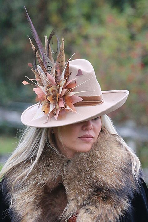 Feather Display, Cowboy Hat Design, Beaded Gloves, Fascinator Hats Diy, Made Accessories, Painted Hats, Women Hats Fashion, Point Of Purchase, Kentucky Derby Hats