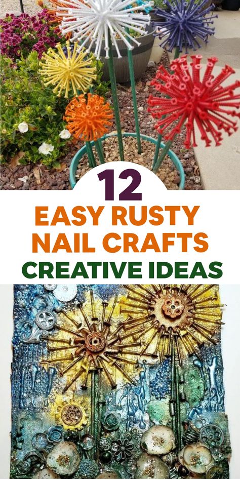 Discover the allure of rustic DIY crafts with these innovative projects featuring rusty nails. Add a hint of industrial elegance to your home decor by repurposing aged metal into functional items and decorative accents. Unleash your inner artist, infusing character and sophistication into everyday materials. Embrace a blend of vintage charm and modern design sensibilities as you transform ordinary nails into extraordinary works of art with unique style. Rusty Nails Art, Repurpose Old Tools, Metal Crafts Ideas, Repurposed Items For Garden, Junk Art Ideas Recycling, Junk Art Ideas, Diy Repurposed Items, Mini Rock Garden, Recycled Yard Art