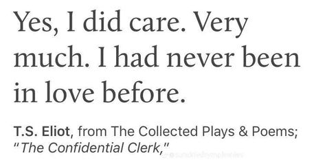 “yes, i did care. very much. i had never been in love before.” -t. s. elliot #aesthetic #bookquote #books #care #confidentialclerk #love #play #quotes Elliot Aesthetic, Never Been In Love, Never Been Loved, Miguel Diaz, Literature Quotes, Sylvia Plath, Yes I Did, Bad Dog, Virginia Woolf