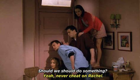 When the rest of the group is listening from inside Monica’s bedroom, Chandler uses the word “cheat” to describe what Ross did. Regina Phalange, Monica Rachel, Friends Episodes, Good Burns, Ross Geller, Hard Questions, Friends Moments, Phoebe Buffay, Friends Series