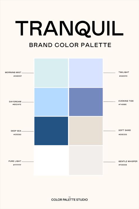 This is a peaceful and soft set of colors for a Tranquil brand color palette. Includes pairing guide, contrast scores for color and vision accessibility, color names, and hex codes. Caring Color Palette, Therapeutic Color Palette, Inspirational Color Palette, Tranquil Color Palette, Skin Care Color Palette, Blue Sky Color Palette, Welcoming Color Palette, Peaceful Color Palette, Premium Color Palette