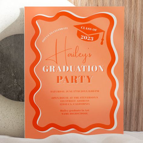 Retro Orange Curve Squiggle Wavy Graduation Invitation #zazzle #weddinginvitations #birthdayinvitations #babyshowerinvitations #zazzleinvitations #monogram #businesscards #graduation #homedecor Graduation Open House Invitations, Graduation Open House, Graduation Invitations High School, Open House Invitation, Graduation Open Houses, Graduation Templates, Graduation Design, Graduation Invitations Template, Graduation Invitation