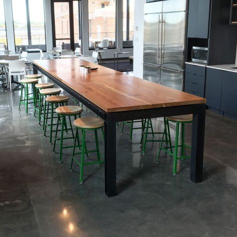 Break Room Table by E. Kraemer Metal & Woodwork at Palmisano Industrial Break Room, Industrial Warehouse Office, Office Lunch Room, Office Break Room, Warehouse Office, Retail Fixtures, Rustic Industrial Decor, Office Renovation, Lunch Room