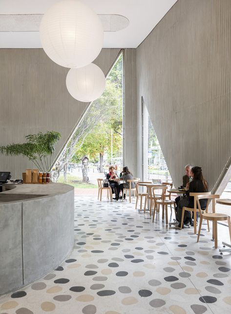 Terrazzo is Back: Production, Installation, and Samples in Architecture | ArchDaily Cosy Restaurant, Raw Restaurant, Resturant Interior, Rock Pathway, Concrete Bar, Tiered Seating, Bakery Interior, Timber Shelves, Terrazzo Tile