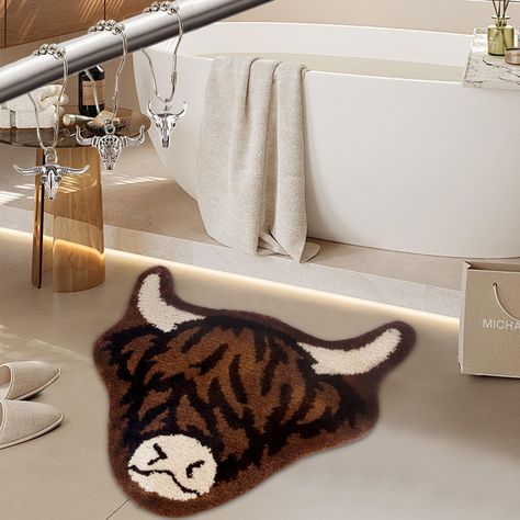 PRICES MAY VARY. Bathroom Upgrade: Includes 1pcs Cow Bath Mat and 12 pcs Cow Shower Curtain Hooks. Offer a quick and stylish bathroom transformation, catering to cow enthusiasts and Western decor aficionados alike Metal Cow Shower Curtain Hooks: Total of 12 hooks and cow head charms, each cow head charm is about 1.6 in. Featuring a sleek, metallic finish, adding a touch of elegance and durability to your shower curtain setup Absorbent & Non-slip: The bath mat boasts high absorbency and a secure Cow Theme Bathroom Decor, Highland Cow Bathroom Ideas, Cow Bathroom, Western Bathroom, Western Rugs, Chic Bathroom Decor, Metal Cow, Bathroom Upgrade, Bathroom Transformation