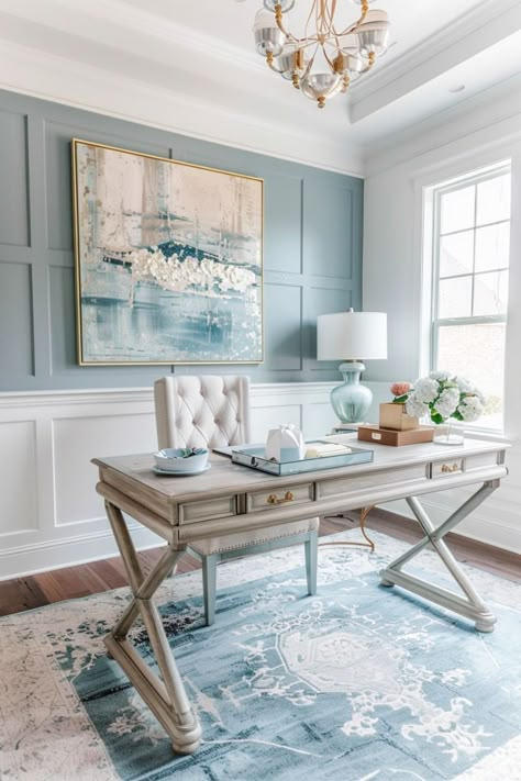 Coastal Style Office, Home Office Light Blue Walls, Feminine Office Colors, Coastal Office Space, French Blue Office, Beach Office Ideas, Home Office Inspiration Farmhouse, Dusty Blue Office, Modern French Country Office