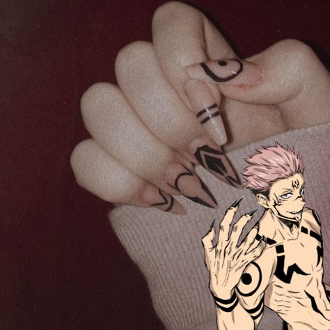 Nails anime Nails Sakuna Jujutsu, Choso Nail Idea, Sukuna Themed Nails, Jujitsu Kaisen Nail Art, Sukuna Inspired Nails, Dazai Nails Design, Sakura Nails Jjk, Choso Jjk Nails, Gojo Inspired Nails