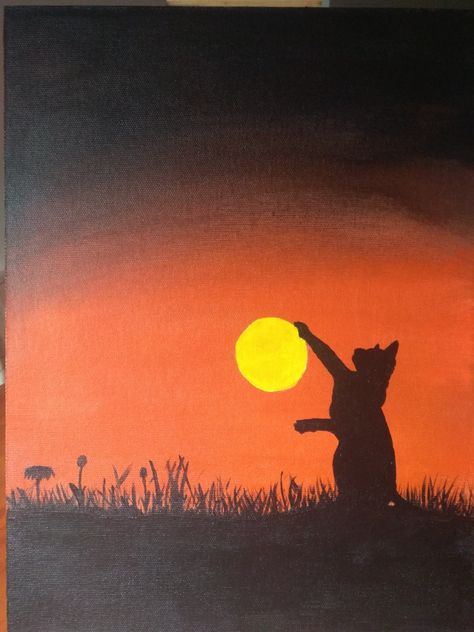 Sunset With Silhouette, Black Cat Silhouette Painting, Cute Cat Canvas Painting Easy, Cat Painting Tutorial Step By Step, Cat Canvas Painting Ideas, Silouhette Painting Ideas, Cats Canvas Painting, Drawing Ideas Easy Aesthetic Color, Cool Acrylic Painting Ideas On Canvas