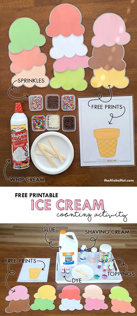 Fun easy toddler activity counting ice cream scoops, ice cream theme play. Download the free print and laminate for multiple use. Play with regular playdough or make playdough frosting. Can be a kids art project with easy DIY puffy paint. Use it with whipped cream and sprinkles for an edible sensory play activity. Great preschool activity counting how many scoops. #freeprintables #freeprintableforkids #toddleractivity #preschoolactivity #icecreamlesson #icecreamparty #artprojectforkids #counting Ice Cream Counting, Ice Cream Playdough, Edible Sensory, Edible Sensory Play, Summer Daycare, Diy Puffy Paint, Ice Cream Games, Ice Cream Kids, Ice Cream Crafts