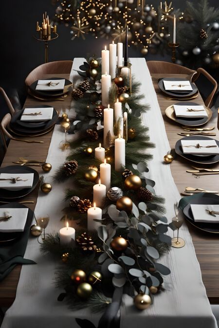 How to Decorate a Dining Table for Christmas – Tips for an Amazing Christmas Tablescape Christmas Table Decorations Eucalyptus, Black Gold And Red Christmas Table Decor, Christmas Table Styling Ideas, Gold And Black Christmas Table, Christmas Greenery Table Runner, Forest Green And Black Christmas Decor, Black Gold Thanksgiving Table, Christmas Decoration Dining Table, White Christmas Table Settings Ideas