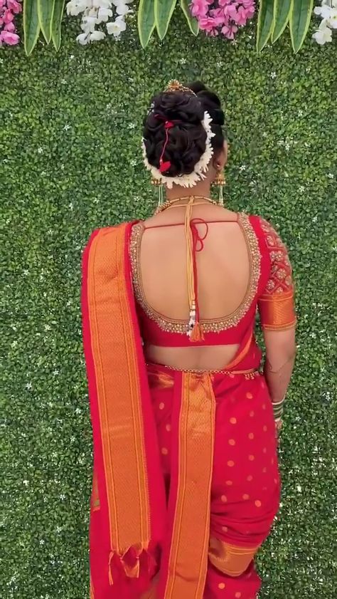 Nauvari Blouse Designs Latest, Navari Sari Blouse Design, Kashta Saree Blouse Design, Maharashtrian Bride In Red Saree, Red Saree Maharashtrian Bride, Blouse For Nauvari Saree, Navwari Blouse Back Design, Navari Blouse Designs Latest, Blouse On Nauvari Saree