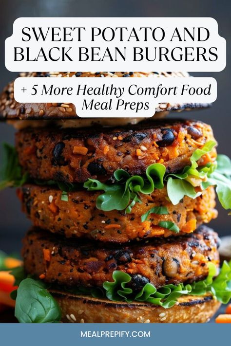 A stack of sweet potato and black bean burgers with fresh greens, presenting a plant-based comfort food option. High Fiber Dinner, Comfort Food Ideas, Sweet Potato Black Bean, Bean Burgers, Sweet Potato Black Beans, Healthy Comfort, Black Bean Burgers, Healthy Comfort Food, Easy Dishes