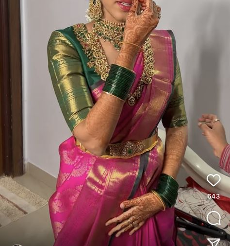 Mehendi Outfits For Bride South Indian, Olive Green Pattu Saree, Pellikuturu Function Saree, Gold Saree Red Blouse, Kanchipuram Bridal Sarees, Bridal Kanchi Pattu Sarees, Pellikuthuru Outfit, Pink Saree Green Blouse, Bridal Pattu Sarees Wedding