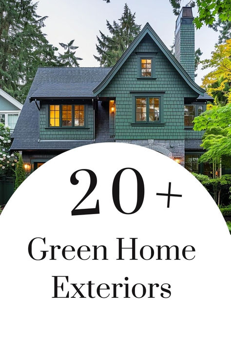 Cozy cottage green home exterior with charming details and lush surroundings. Exterior House Sage Green, White And Green Exterior House Colors, Dark Green House Colors Exterior, Dark Green And Copper Exterior, Dark Green Exterior With White Trim, Grey And Green Exterior House Colors, Shutter Colors For Green House, Painted Brick House Exterior Green, Red Brick With Green Siding