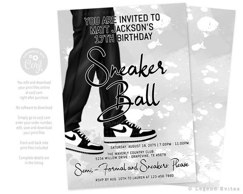 Sneaker Ball Invitation Ideas, Sneaker Ball Invitation, Sweet 16 For Boys, Sneaker Party, 22 Bday, Ball Birthday Party, Black And Gold Sneakers, Sneaker Ball, Ball Birthday Parties