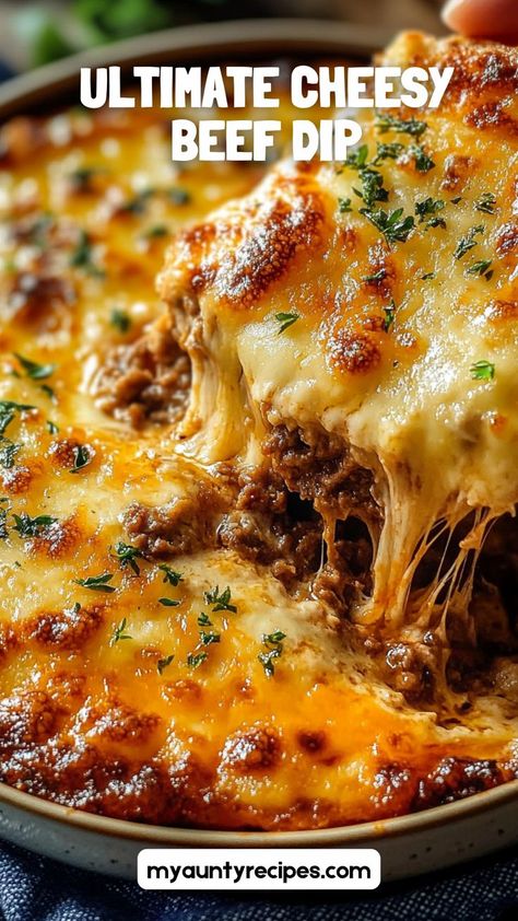 Serve up Cheesy Beef Party Dip at your next gathering! With layers of gooey cheese and seasoned beef, this easy dip is ideal for fall recipes or holiday parties. Pair with tortilla chips for the ultimate crowd-pleaser. Beef Dips Recipes, Cheesy Beef Dip, Meat Dip Recipes, Meaty Dips, Ground Beef Dip Recipes, Hamburger Dip Recipes, Beef Dip Recipe, Sunday Snacks, Beef Dip