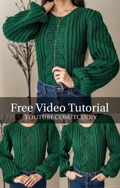 Follow along with our free video tutorial to make this cozy balloon sleeve sweater. Including the basket weave stitch for texture this sweater is a fun sweater to work up and make. Enjoy! Balloon Sleeve Sweater Crochet Pattern Free, Crochet Balloon Sleeve Sweater, How To Crochet Sweater, Crochet Jumper Free Pattern, Crochet Balloon Sleeve, Crochet Balloon, Pattern Crochet Sweater, Fun Sweater, Balloon Sleeve Sweater