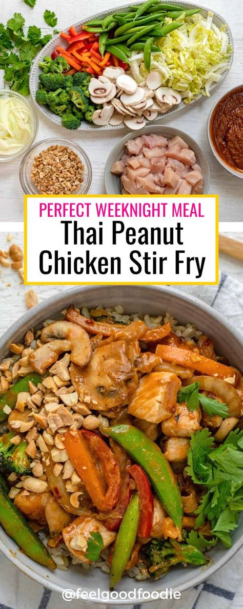 Delicious Thai peanut chicken stir fry is ready to serve in minutes. Full of sweet, salty and spicy flavors, it's a perfect weeknight meal. Thai Peanut Chicken And Veggies, Thai Peanut Stir Fry Sauce, Healthy Chicken Thai Recipes, Best Chicken Stir Fry With Vegetables, Chicken Stir Fry Bowl, Tai Peanut Chicken, Peanut Stir Fry Recipes, Thai Peanut Stir Fry, Thai Veggie Stir Fry