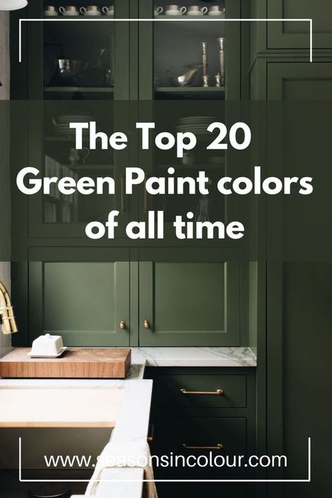 OK so we love green color! Our top 20 favouritie green shades of all time are here for your consumption. These greens range from emerald to pale olive shades. Perfect to use on cabinets or walls. #diyhomedecor #farrowandball #chalkpaint Dulux Green Kitchen Cabinets, Rich Green Kitchen Cabinets, Green Pantry Walls, Emerald Green Cupboards, Wall And Cabinets Same Color, Perfect Olive Green Paint, Best Green Paint Color For Kitchen Cabinets, Leaf Green Paint Colors, Army Green Cabinets Kitchen