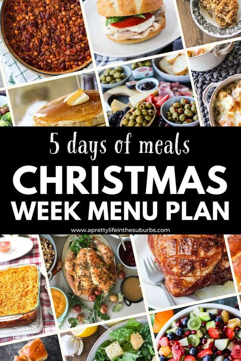 What to Make for the Christmas Holidays: a 5 Day Christmas Week Menu Plan. Includes breakfast, lunch and dinner ideas. Christmas Week Dinner Ideas, Christmas Meal Plan, Week Menu Plan, Christmas Menu Ideas, Christmas Lunch Menu, Breakfast Lunch And Dinner Ideas, Christmas Eve Meal, Christmas Day Lunch, Lunch And Dinner Ideas