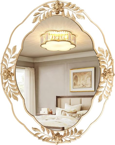 Amazon.com: Fobule Gold Mirrors for Wall, 22"x29" Oval Metal Frame Decorative Mirror, Chic Floral Ornate Hanging Vanity Mirror for Dresser, Bathroom, Mantel,Entryway : Home & Kitchen Large Mirror Over Fireplace, Mirror For Dresser, Hanging Vanity, Mirror Over Fireplace, Gold Vanity Mirror, Gold Ornate Mirror, Dresser Bathroom, Gold Mirrors, Wavy Mirror