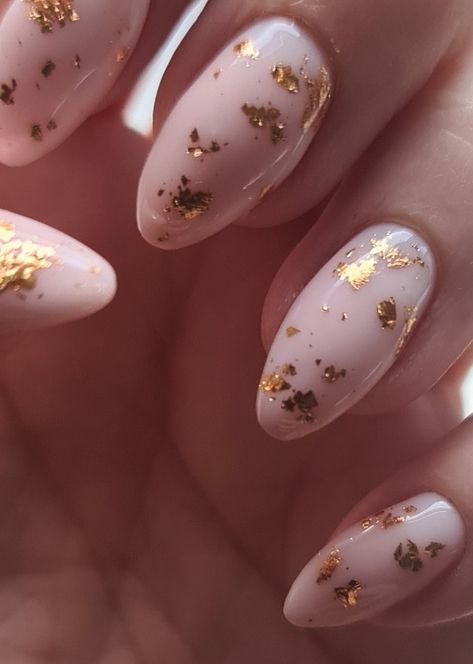 Gold Flake Nails Pink, Chrome Nails With Gold Flakes, Milky Nails Gold Foil, Light Pink Nails With Gold Flakes, Milky White Nails With Gold Flakes, Nail Ideas With Foil Flakes, How To Use Gold Foil Flakes On Nails, Nail Design With Gold Flakes, Pink Gold Leaf Nails