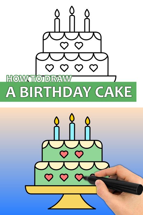 Learn how to draw a Birthday Cake with this step by step drawing tutorial video. Enjoy! ♥ #birthdaycake #cakedrawing #birthdayart #howtodraw #easydrawingforkids #easydrawing #drawingtutorial How To Draw A Birthday Cake, Draw A Birthday Cake, Birthday Cake Easy, 80 Birthday Cake, Cake Drawing, Simple Drawings, Easy Drawing Tutorial, Cake Easy, Easy Drawings For Kids