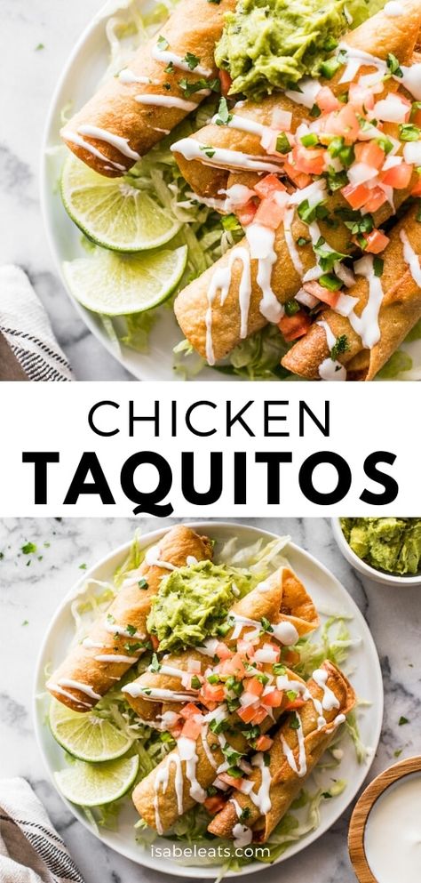 These chicken taquitos are stuffed with seasoned shredded chicken and cheese, and then baked or fried until crispy, crunchy and golden brown. Serve with shredded lettuce and your favorite Mexican toppings for an easy dinner recipe ready in only 30 minutes! #taquitos #mexicanfood #chicken Fancy Mexican Dinner Recipes, Light Mexican Recipes, Fancy Mexican Food, Easy Chicken Taquitos, Chicken Taquitos Baked, Mexican Toppings, Taquitos Baked, Seasoned Shredded Chicken, Mexican Board