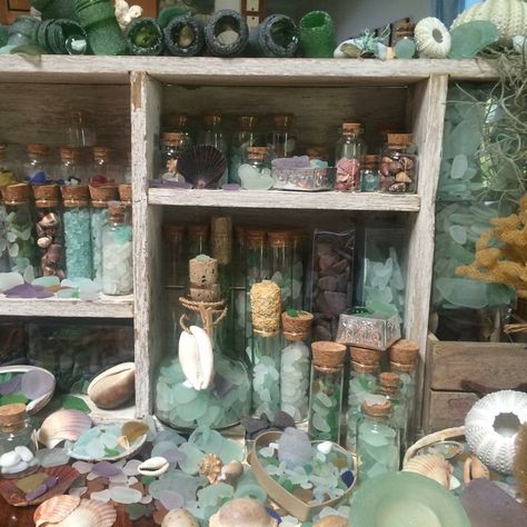 Sea Witch Home Aesthetic, Seaglass Collection Display, Sea Glass Collection Display, Sea Glass Witchcraft, Sea Witch House, Sea Witch Decor, Seaglass Aesthetic, Seaglass Decor, Sea Witch Aesthetic