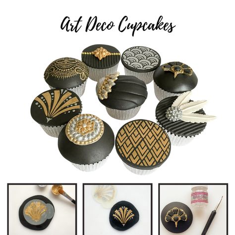 Read this tutorial by Gaynor Clark and create these elegant party cupcakes! Gatsby Cake, Art Deco Wedding Cake, Deco Cupcake, Gatsby Birthday Party, Venice Carnivale, Art Deco Party, Art Deco Cake, Great Gatsby Theme, Gatsby Theme