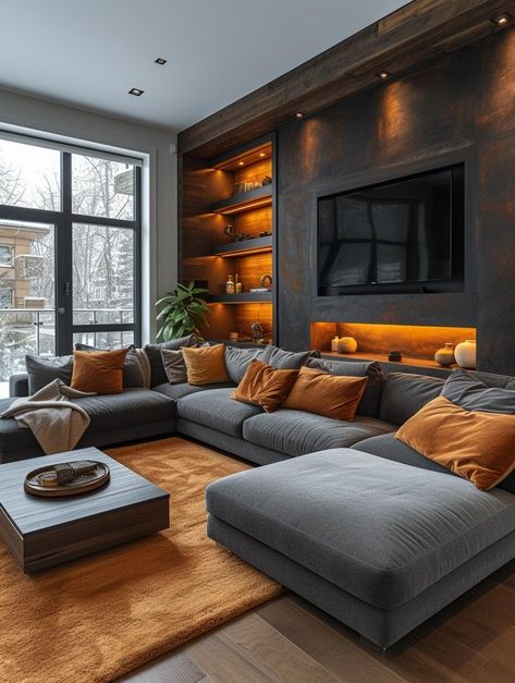 Tv Rooms With Sectionals, Black And Orange Living Room Ideas, Black And Orange Room, Dark Orange Living Room, Dark Snug Room Ideas, Long Open Plan Kitchen Living Room, Orange And Black Living Room, Masculine Couch, Black Media Wall